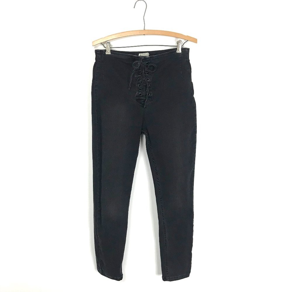 Free People Women's 30 High Rise Lace Up Skinny Jeans Black Denim Stretch A8